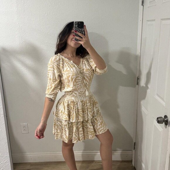 Patrons of Peace June Print Dress Ruffle Tiered 3/4 sleeves beige‎ white Large L - Picture 3 of 12